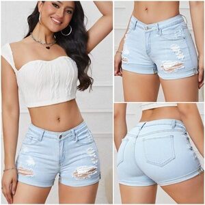 Light Blue Cuffed Hem Distressed Jean Shorts- SHEIN